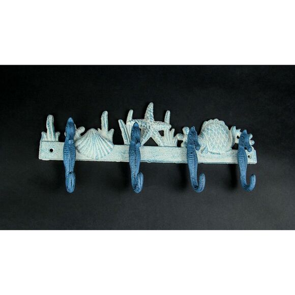 Blue/White Cast Iron Seahorses Decorative Wall Hook Hanging Towel or Coat Rack - Picture 3 of 6